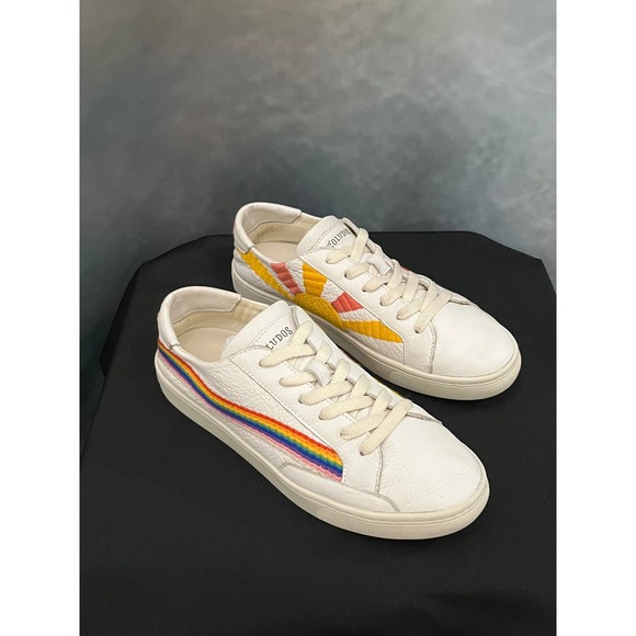 Soludos White Leather Rainbow & Sunset Stripe Lace Up Sneakers - Picture 1 of 9